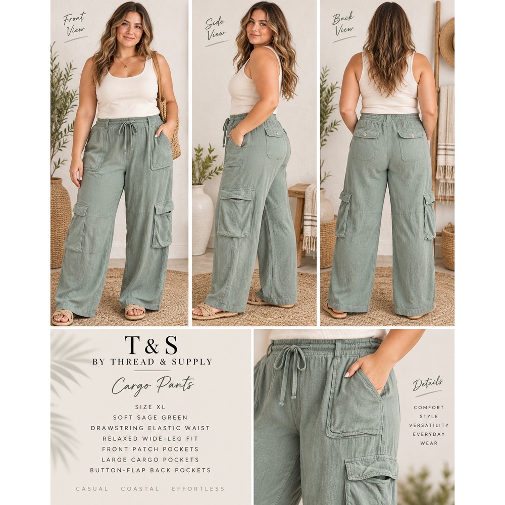 T&S by Thread & Supply Cargo Pants Sage Green Wide Leg XL Drawstring Waist